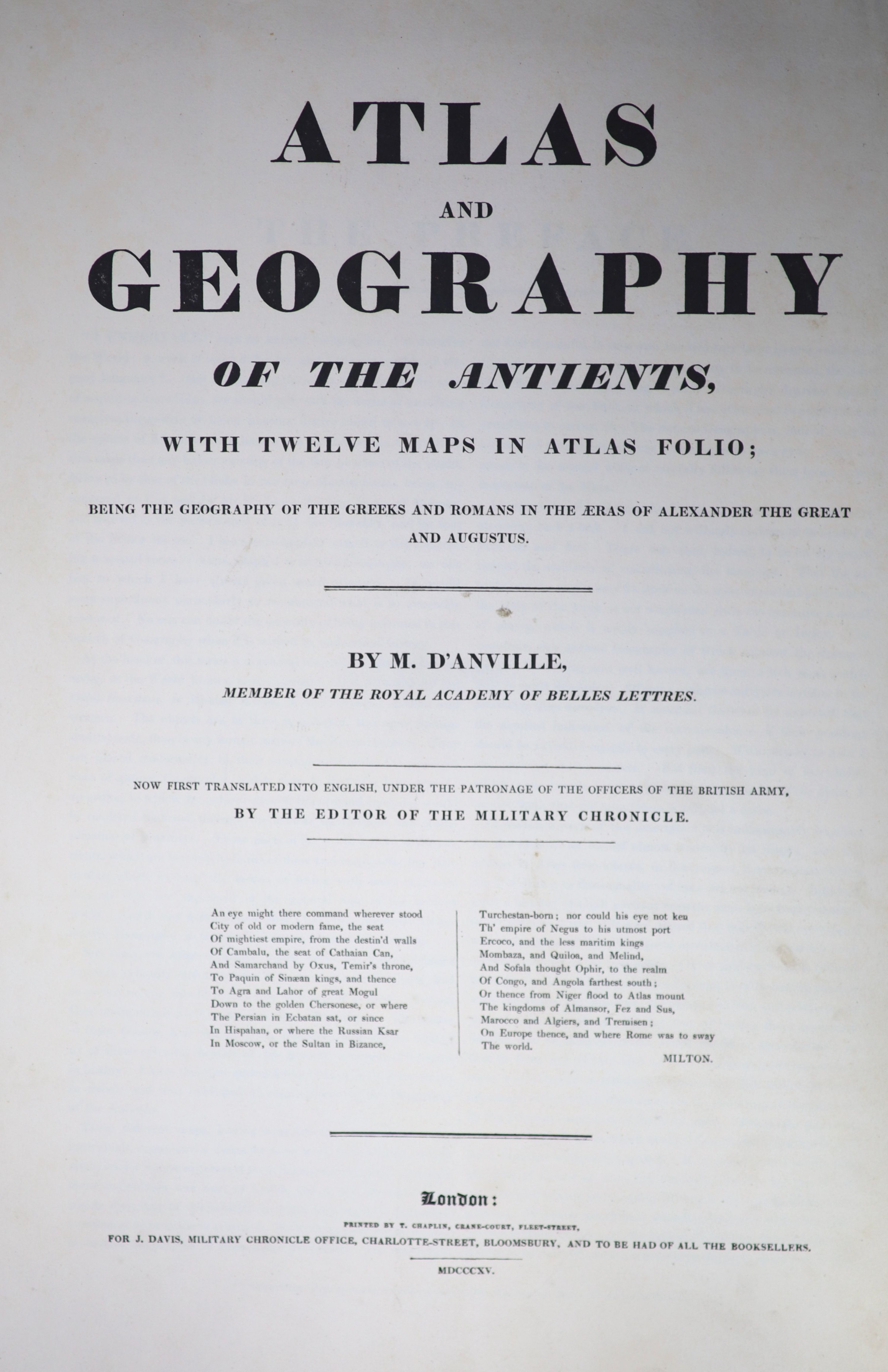 Anville, Jean Baptiste Bourguingnon d’ - Atlas and Geography of the Antients, folio, half leather, with 10 hand-coloured folding maps, including the World map, some early leaves and maps loose, London 1815